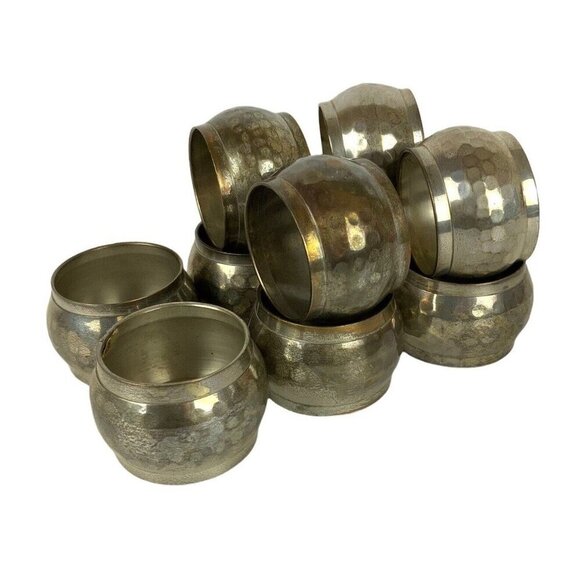 Hammered Silvertone Brass Napkin Rings Set Of 10 With Patina Finish Made In Indi - Picture 1 of 7